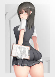 Rule 34 | 1girl, ass, bad id, bad pixiv id, black hair, black skirt, black vest, clipboard, cowboy shot, from behind, gloves, grey eyes, hair ornament, hairclip, holding, holding clipboard, kantai collection, long hair, looking at viewer, looking back, ne an ito, oyashio (kancolle), pleated skirt, shirt, short sleeves, skirt, solo, standing, vest, white gloves, white shirt