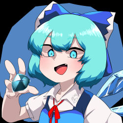 Rule 34 | 1girl, blue bow, blue dress, blue eyes, blue hair, blush, bow, bowtie, cirno, collared shirt, commentary request, dress, fang, hair between eyes, hair bow, highres, ice, ice wings, kurodani yamame, looking at viewer, open mouth, pinafore dress, red bow, red bowtie, rinyamame, shirt, short hair, sleeveless dress, smile, solo, touhou, upper body, white shirt, wings