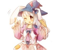 Rule 34 | 1girl, animal ears, blush, breasts, rabbit ears, crablettes, dress, hat, irisu kyouko, irisu shoukougun!, long hair, one eye closed, open mouth, red eyes, silver hair, small breasts, smile, solo, standing, third-party source, witch hat
