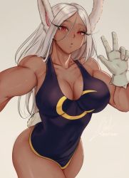 Rule 34 | 1girl, adapted costume, animal ears, artist name, artlesott, bad id, bad twitter id, blue one-piece swimsuit, boku no hero academia, breasts, cleavage, collarbone, commentary, covered navel, dark-skinned female, dark skin, english commentary, gloves, gradient background, grey background, hair between eyes, highres, large breasts, long hair, looking at viewer, mirko, one-piece swimsuit, rabbit ears, rabbit girl, red eyes, selfie, signature, solo, swimsuit, thighs, w, white gloves, white hair