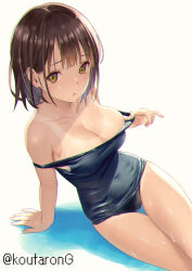 Rule 34 | 1girl, arm support, blue one-piece swimsuit, blush, bob cut, breasts, brown eyes, brown hair, cleavage, clothes pull, collarbone, covered navel, koutaro, large breasts, looking at viewer, off shoulder, old school swimsuit, one-piece swimsuit, one-piece swimsuit pull, one-piece tan, open mouth, original, parted lips, school swimsuit, short hair, sitting, solo, swimsuit, tan, tanline, twitter username, wet, wet clothes, wet swimsuit