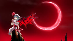Rule 34 | 1girl, arm support, bat wings, blue hair, crescent moon, finger to own chin, fingernails, glowing, glowing eyes, grin, hat, hat ribbon, highres, looking at viewer, looking back, mob cap, moon, nail polish, noronosuke, puffy short sleeves, puffy sleeves, red background, red eyes, red moon, remilia scarlet, ribbon, rock, sash, sharp fingernails, short hair, short sleeves, shoulder blades, sitting, sitting on rock, skirt, skirt set, smile, solo, touhou, wings, wrist cuffs
