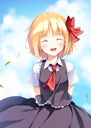Rule 34 | 1girl, ^ ^, arms behind back, ascot, blonde hair, blouse, blush, bob cut, bow, closed eyes, cloud, cowboy shot, day, embodiment of scarlet devil, eyebrows, closed eyes, female focus, hair bow, happy, ke-ta, open mouth, outdoors, red ascot, ribbon, rumia, see-through, shirt, short hair, skirt, skirt set, sky, smile, solo, standing, touhou, white shirt