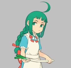 Rule 34 | 1girl, ahoge, apron, back bow, blue dress, blunt bangs, bow, bowtie, braid, dress, green eyes, green hair, grey background, holding, long hair, looking at viewer, me-tan, os-tan, red bow, red bowtie, shima (landsuzume), short sleeves, sidelocks, simple background, solo, spring onion, upper body