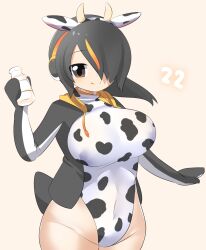 Rule 34 | 1girl, animal ears, animal print, bird tail, black hair, black jacket, blush, bottle, breasts, brown eyes, closed mouth, commentary request, covered navel, cow ears, cow print, cowboy shot, emperor penguin (kemono friends), fake animal ears, fake horns, hair between eyes, hair over one eye, headphones, highres, holding, holding bottle, horns, jacket, kemono friends, large breasts, lets0020, long bangs, looking at viewer, milk bottle, multicolored hair, numbered, one-piece swimsuit, open clothes, open jacket, orange hair, print swimsuit, short hair, simple background, smile, solo, streaked hair, swimsuit, tail, white one-piece swimsuit, yellow background, yellow horns