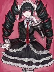 Rule 34 | 1girl, akitsu (davis0527dx), black hair, black jacket, black nails, black skirt, bonnet, celestia ludenberg, claw ring, collared shirt, colored inner hair, commentary request, cowboy shot, danganronpa: trigger happy havoc, danganronpa (series), drill hair, earrings, frills, gothic lolita, gradient background, hairband, highres, jacket, jewelry, lace, lace-trimmed skirt, lace trim, layered skirt, lolita fashion, long hair, long sleeves, looking at viewer, multicolored hair, nail polish, necktie, pink background, pink hair, print necktie, print neckwear, red eyes, red necktie, shirt, skirt, smile, solo, thighhighs, twin drills, twintails, white shirt, zettai ryouiki