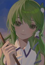 Rule 34 | 1girl, cjsdh1000, closed mouth, collared shirt, commentary, frog hair ornament, gohei, green eyes, green hair, hair ornament, holding, holding gohei, kochiya sanae, looking at viewer, shirt, single hair tube, sleeveless, sleeveless shirt, smile, solo, touhou, upper body, white shirt
