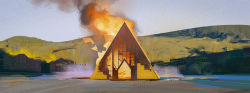 Rule 34 | blue sky, building, burning, burning building, commentary, fire, highres, midsommar, mountain, no humans, rocher-hd, scenery, sky, smoke, symbol-only commentary