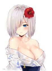 Rule 34 | 10s, 1girl, alternate costume, arms at sides, bad id, bad pixiv id, bare shoulders, blue eyes, blush, breasts, cleavage, closed mouth, collarbone, embarrassed, flower, frown, hair flower, hair ornament, hair over one eye, hamakaze (kancolle), japanese clothes, kantai collection, kimono, looking away, medium breasts, obi, off shoulder, red flower, sash, short hair, silver hair, simple background, solo, tr (kangtw123), translucent, upper body, white background, white kimono