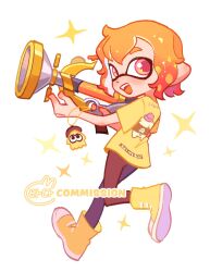 Rule 34 | 1boy, black pants, boots, commentary, commission, english commentary, full body, gun, highres, holding, holding gun, holding weapon, inkling, inkling boy, inkling player character, medium hair, nintendo, open mouth, orange hair, pants, pointy ears, print shirt, red eyes, shirt, smile, solo, splatoon (series), splatoon 3, sploosh-o-matic (splatoon), teeth, tentacle hair, tokkibada, upper teeth only, watermark, weapon, white background, yellow footwear, yellow shirt