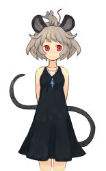 Rule 34 | 1girl, alternate costume, animal ears, cowboy shot, dress, female focus, grey hair, jean (jean sp), jewelry, mouse (animal), mouse ears, mouse tail, nazrin, object on head, pendant, red eyes, simple background, solo, tail, touhou, white background