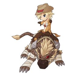 Rule 34 | 1girl, blonde hair, blue eyes, bow, bow bra, bra, breasts, brown gloves, brown shirt, brown shorts, chibi, cleavage, closed mouth, cowboy hat, full body, gloves, hat, leopard, long sleeves, looking afar, looking to the side, medium breasts, midriff, official art, ragnarok online, red bow, riding, shirt, short hair, shorts, simple background, smile, solo, thief (ragnarok online), transparent background, underwear, white bra, yuichirou