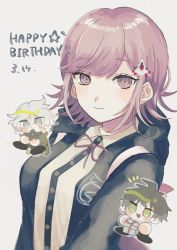 Rule 34 | 1girl, ahoge, bad id, bad twitter id, black jacket, black shirt, blush, chibi, collared shirt, commentary request, danganronpa (series), danganronpa 2: goodbye despair, dated, dress shirt, flipped hair, gift, hair ornament, hairclip, happy birthday, highres, hinata hajime, holding, holding gift, hood, hood down, isu (osushi 1225), jacket, komaeda nagito, nanami chiaki, neck ribbon, pink eyes, pink hair, ribbon, shirt, short hair, smile, spaceship hair ornament, star (symbol), upper body, white shirt