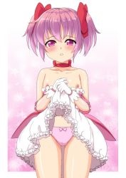 Rule 34 | 10s, 1girl, blush, bow, bow panties, choker, clothes lift, dress, dress lift, flat chest, gloves, hair bow, highres, kaname madoka, kuri youkan, magical girl, mahou shoujo madoka magica, mahou shoujo madoka magica (anime), nipples, panties, parted lips, pink hair, pink panties, purple eyes, short twintails, solo, twintails, underwear