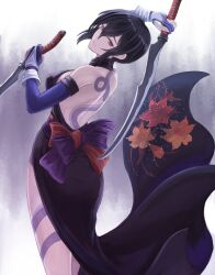 Rule 34 | 1girl, backless outfit, black hair, blue eyes, breasts, dual wielding, heterochromia, highres, holding, large breasts, red eyes, samurai spirits, shiki (samurai spirits), snk, solo, sword, weapon