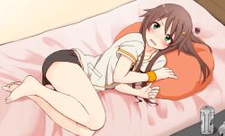 Rule 34 | 10s, 1girl, bare legs, barefoot, bed, beer can, blush, brown hair, can, drink can, green eyes, hair ornament, hairclip, himekawa yuki, idolmaster, idolmaster cinderella girls, kotaro, long hair, looking at viewer, lying, on side, open mouth, pillow, solo, squiggle, wristband