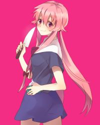 Rule 34 | 1girl, blush, bow, cellphone, gasai yuno, hair bow, knife, linaria (ookinahitomi), looking back, mirai nikki, phone, pink background, pink hair, red eyes, school uniform, simple background, skirt, smile, solo, twintails, weapon, yandere
