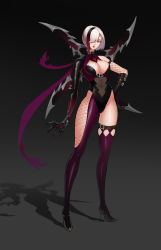 Rule 34 | 1girl, absurdres, arm belt, belt buckle, black gloves, black hair, breasts, buckle, claws, cleavage, clothing cutout, cold weather, collar, fishnets, full body, gloves, glowing, gradient background, gradient gloves, gradient hair, hair over one eye, hand on own hip, high heels, highres, large breasts, leotard, multicolored clothes, multicolored hair, navel, navel cutout, original, parted lips, purple gloves, purple scarf, purple thighhighs, red eyes, red hair, red lips, scarf, see-through, shiny skin, short hair, shuriken, silver hair, skindentation, solo, standing, thigh strap, thighhighs, tight clothes, weapon, weapon on back