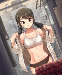 Rule 34 | 10s, 1girl, armpits, bag, bare shoulders, black hair, black panties, blush, bottle, bra, breasts, brown eyes, changing clothes, cleavage, collarbone, dougi, female focus, folded clothes, holding, holding clothes, idolmaster, idolmaster cinderella girls, indoors, kamille (vcx68), karate gi, legs, legs together, locker, locker room, long hair, long twintails, looking at viewer, low twintails, medium breasts, midriff, nakano yuka, namco, navel, neck, nervous sweating, open mouth, panties, parted lips, solo, sports bra, standing, surprised, sweat, thighs, training bra, twintails, underwear, underwear only, undressing, unworn clothes, water bottle, wet, wet clothes, white bra