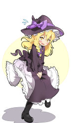 Rule 34 | 1girl, absurdres, berazasu, black coat, black footwear, black hat, blonde hair, blush, boots, bow, braid, buttons, coat, commentary request, cookie (touhou), flying sweatdrops, full body, hair bow, hat, hat bow, highres, kirisame marisa, long hair, long sleeves, looking at viewer, medium bangs, open mouth, petticoat, purple bow, rei (cookie), shadow, single braid, solo, touhou, v-shaped eyebrows, white background, witch hat, yellow eyes