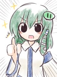 Rule 34 | 1girl, ^^^, bad id, bad pixiv id, black eyes, blush, detached sleeves, female focus, green hair, hair between eyes, hair ornament, himegi, kochiya sanae, long hair, looking at viewer, motion lines, open mouth, simple background, snake, solo, sparkle, thumbs up, touhou, traditional media, upper body, white background
