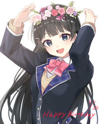 Rule 34 | 1girl, arms up, black hair, black jacket, blazer, blue eyes, blush, bow, bowtie, brown cardigan, cardigan, dated, flower ring, hair ornament, hairpin, happy birthday, head wreath, jacket, long hair, long sleeves, nifu, nijisanji, open mouth, pink bow, pink bowtie, school uniform, shirt, simple background, solo, tsukino mito, tsukino mito (1st costume), virtual youtuber, white background, white shirt