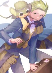 Rule 34 | 1boy, absurdres, alternate costume, briefcase, brown ribbon, buttons, cilan (pokemon), creatures (company), game freak, gen 5 pokemon, green eyes, green hair, grey pants, highres, holding, jacket, leaning, long sleeves, male focus, mouth hold, neck ribbon, nintendo, on shoulder, open clothes, open jacket, pansage, pants, paru rari, pokemon, pokemon (anime), pokemon (creature), pokemon bw (anime), pokemon on shoulder, ribbon, scarf, shirt, short hair, striped clothes, striped scarf, teeth, vest, white background, white shirt, yellow vest