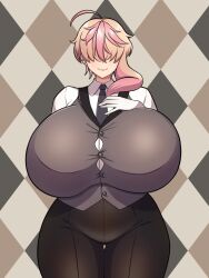 Rule 34 | 1girl, ahoge, black necktie, black pants, blonde hair, breasts, codeorange162, dot nose, ear piercing, facing viewer, female focus, formal, gigantic breasts, grey background, hidden eyes, highres, hoshizaki mika, lips, necktie, original, pants, piercing, pink hair, smile, solo, standing, suit, taut clothes, thick thighs, thigh gap, thighs, wide hips