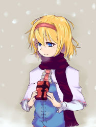 Rule 34 | 1girl, alice margatroid, blonde hair, blue eyes, breath, capelet, frills, gift, gradient background, hairband, loco 65 o1o1, scarf, short hair, smile, snow, solo, touhou