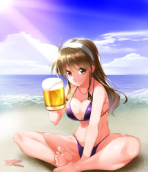 Rule 34 | 10s, 1girl, alcohol, ashigara (kancolle), bare arms, bare legs, bare shoulders, barefoot, beach, beer, beer mug, between legs, bikini, blue sky, blush, breasts, brown eyes, brown hair, cleavage, cloud, collarbone, cup, dated, day, feet, foreshortening, hairband, hand between legs, holding, horizon, indian style, kantai collection, kasu kazu, legs, light rays, long hair, looking at viewer, medium breasts, mug, ocean, outdoors, purple bikini, sand, shiny skin, signature, sitting, skindentation, sky, smile, solo, strap gap, sunbeam, sunlight, swimsuit, toes, water, white hairband