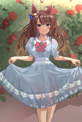 Rule 34 | 1girl, absurdres, alternate costume, animal ears, blue dress, blue eyes, blush, bow, breasts, brown hair, collared dress, dress, feet out of frame, flower, hair down, highres, horse ears, long hair, looking at viewer, open mouth, puffy short sleeves, puffy sleeves, red bow, rose, short sleeves, skirt hold, small breasts, smile, solo, solokitsune, standing, tosen jordan (umamusume), umamusume