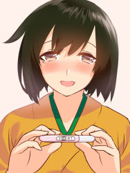 Rule 34 | 10s, 1girl, black hair, blew andwhite, blush, brown eyes, happy tears, highres, hiryuu (kancolle), japanese clothes, kantai collection, looking at viewer, pregnancy test, pregnant, short hair, smile, solo, tearing up, tears