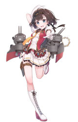 Rule 34 | 10s, 1girl, adapted costume, ahoge, akizuki (kancolle), alternate costume, arm behind head, arm up, beret, black hair, blue eyes, boots, chou-10cm-hou-chan, clothes writing, coat, cross-laced footwear, double-breasted, gloves, hairband, hat, headband, high ponytail, highres, holding, holding instrument, holding microphone, idol, instrument, kantai collection, knee boots, konnyaku (kk-monmon), machinery, microphone, neckerchief, open mouth, pleated skirt, pointing, pointing forward, ponytail, puffy short sleeves, puffy sleeves, red coat, sailor collar, shirt, short ponytail, short sleeves, skirt, smile, solo, standing, standing on one leg, surcoat, tambourine, thigh strap, turret, white footwear, white gloves, white headwear, white shirt, white skirt, wide ponytail