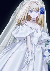 Rule 34 | 1girl, bare shoulders, black background, black choker, blonde hair, blue eyes, bouquet, bride, choker, collarbone, detached sleeves, dress, earrings, eyelashes, flower, gloves, highres, holding, holding bouquet, jewelry, looking at viewer, nanoka san, original, pearl earrings, puffy detached sleeves, puffy sleeves, simple background, skirt hold, solo, veil, wedding dress, white dress, white gloves