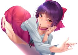 Rule 34 | 1girl, blush, bow, breasts, choker, dress, fingernails, gegege no kitarou, gegege no kitarou 6, hair bow, hair ribbon, hand on own head, high heels, long fingernails, looking at viewer, nail polish, nekomusume, nekomusume (gegege no kitarou 6), nironiro, no socks, open mouth, outstretched arm, purple hair, red bow, red choker, red footwear, red skirt, ribbon, seiza, shirt, short dress, short hair, simple background, sitting, skirt, small breasts, solo, white background, white shirt, yellow eyes