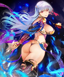 Rule 34 | 1girl, absurdres, armlet, armor, arms behind back, ass, back, bikini, bikini armor, blue fire, blush, bracelet, breasts, butt crack, circlet, collar, detached sleeves, dress, earrings, fate/grand order, fate (series), fire, floral print, flower, hair ribbon, highleg, highleg bikini, highres, jewelry, kama (fate), kama (second ascension) (fate), large breasts, long hair, looking at viewer, looking back, lotus, metal collar, navel, nishiide kengorou, open mouth, pelvic curtain, purple dress, purple thighhighs, red eyes, ribbon, ring, silver hair, smile, swimsuit, thighhighs, thighlet, thighs, thong, thong bikini