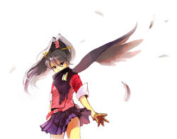 Rule 34 | 1girl, belt, black hair, brown gloves, covered mouth, feathers, gloves, ace attorney investigations, ace attorney, hair between eyes, high ponytail, kay faraday, karakusa (pattern), key hair ornament, kobutamaru, long hair, miniskirt, pleated skirt, ponytail, scarf, skirt, solo, wind