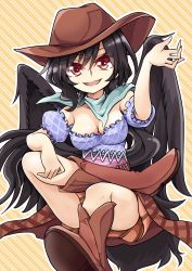 Rule 34 | 1girl, :d, bad anatomy, bandana, bare shoulders, black hair, black wings, blue shirt, boots, breasts, brown footwear, brown headwear, brown skirt, cleavage, commentary request, cowboy shot, diagonal stripes, fangs, feathered wings, hair between eyes, hand up, highres, invisible chair, keyaki chimaki, knee boots, kurokoma saki, large breasts, long hair, looking at viewer, off-shoulder shirt, off shoulder, open mouth, orange background, outline, partial commentary, puffy short sleeves, puffy sleeves, red eyes, shirt, short sleeves, sitting, skirt, smile, solo, striped, striped background, thighs, touhou, very long hair, white outline, wings