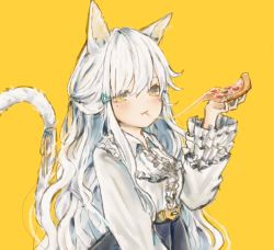 Rule 34 | 1girl, 63suke, animal ears, bad id, bad pixiv id, belt, blue skirt, blush, cat ears, cat tail, cheese trail, closed mouth, eating, food, frilled sleeves, frills, hair between eyes, hand up, high-waist skirt, long hair, long sleeves, looking at viewer, mole, mole under eye, original, pizza, revision, shirt, skirt, solo, standing, tail, upper body, very long hair, wavy hair, white hair, white shirt, yellow background, yellow belt, yellow eyes