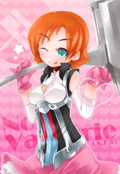 Rule 34 | 1girl, blue eyes, breasts, character name, cleavage, gloves, naik, nora valkyrie, one eye closed, orange hair, rwby, solo, tongue