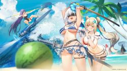Rule 34 | 4girls, :q, a6m zero (ash arms), alternate costume, ash arms, beach, bikini, black one-piece swimsuit, blindfold, blonde hair, blurry, blurry foreground, blush, breasts, cleavage, cloud, commentary request, day, depth of field, detached collar, double bun, f4u-1 corsair (ash arms), flower, food, fruit, fw190 (ash arms), groin, hair bun, hair flower, hair ornament, hair ribbon, highleg, highleg bikini, highres, holding, holding weapon, long hair, multiple girls, navel, official art, one-piece swimsuit, open mouth, outdoors, p-61a black widow (ash arms), palm tree, pink eyes, purple hair, red bikini, ribbon, riding, sailor collar, see-through, short hair, silver hair, siqi (miharuu), skindentation, skirt, sky, smile, starfish hair ornament, striped bikini, striped clothes, suikawari, summer, swimsuit, thigh strap, thighs, tongue, tongue out, tree, twintails, untying, watermelon, waves, weapon
