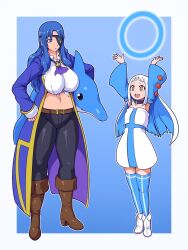 Rule 34 | + +, 2girls, 7-tan, ankle boots, arms up, ascot, belt, belt buckle, black pants, blue coat, blue eyes, blue hair, blue lips, blue sleeves, blue thighhighs, blunt bangs, boots, breasts, brown belt, brown footwear, buckle, coat, collar, colored inner hair, detached sleeves, dolphin, dress, hand on own hip, highres, kairu the dolphin, knee boots, kuma (kumahoihoi), large breasts, long sleeves, looking at another, microsoft office, multicolored hair, multiple girls, navel, open clothes, open coat, orange eyes, os-tan, outline, pants, purple ascot, purple collar, short bangs, standing, strapless, strapless dress, thick eyebrows, thighhighs, tiptoes, two-tone dress, two-tone hair, white dress, white footwear, white hair, white outline, zettai ryouiki