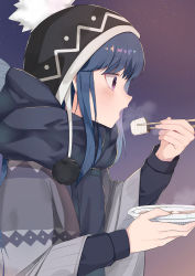 Rule 34 | 1girl, :o, beanie, black hat, black scarf, blue hair, bobblehat, chopsticks, eating, enpera, fish, food, hat, highres, holding, holding plate, light particles, long hair, long sleeves, open mouth, outdoors, plate, pom pom (clothes), poncho, purple eyes, purple sky, scarf, shima rin, sky, smoke, solo, soup, upper body, yukiyama momo, yurucamp