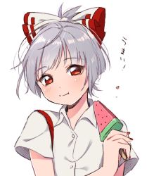 Rule 34 | 1girl, alternate hair length, alternate hairstyle, blush, bow, closed mouth, commentary request, dot nose, dress shirt, eating, food, fruit, fujiwara no mokou, hair bow, holding, holding food, nail polish, popsicle, red eyes, red hair, red nails, shirt, short hair, short sleeves, silver hair, simple background, smile, solo, touhou, translated, upper body, vanilla (miotanntann), watermelon, watermelon bar, white background, white shirt