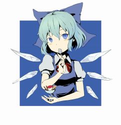 Rule 34 | 1girl, blue eyes, blue hair, bow, cirno, food, hair bow, holding, holding spoon, ice, ice cream, ice wings, kawashina (momen silicon), matching hair/eyes, solo, spoon, touhou, wafer, wafer stick, wafer sticks, wings