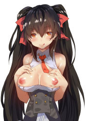 Rule 34 | 1girl, :q, absurdres, bare shoulders, black hair, blush, breasts, breasts out, brown eyes, girls&#039; frontline, grabbing own breast, hair between eyes, heart, heart-shaped pupils, highres, long hair, looking at viewer, medium breasts, necktie, nipples, smile, solo, symbol-shaped pupils, tongue, tongue out, twintails, type 97 (girls&#039; frontline), upper body, very long hair, yueqin (monnpiano)