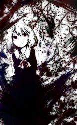 Rule 34 | 1girl, darkness, female focus, highres, inkblot, light smile, monochrome, rumia, solo, spot color, terimayo, touhou, white background