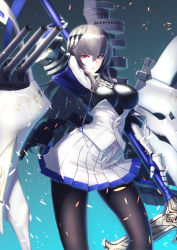 Rule 34 | 1girl, arm behind head, azur lane, black pantyhose, boots, breasts, cannon, corset, cross-laced footwear, floating hair, gauntlets, gloves, grey hair, hair between eyes, hair ornament, highres, holding, holding polearm, holding weapon, itaco, lace-up boots, large breasts, left-handed, light particles, long hair, looking at viewer, machinery, miniskirt, mole, pantyhose, parted lips, pleated skirt, polearm, red eyes, rigging, saint-louis (azur lane), sidelocks, simple background, skirt, solo, standing, turret, weapon, white footwear, white skirt, wind