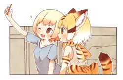Rule 34 | 10s, 2girls, ;d, absurdres, animal ears, bad id, bad twitter id, bare shoulders, blonde hair, blue shirt, brown eyes, cat ears, cat tail, commentary request, elbow gloves, enk 0822, extra ears, gloves, green eyes, highres, kemono friends, looking away, mewhan, mole, mole under mouth, multiple girls, one eye closed, open mouth, profile, sand cat (kemono friends), voice actor connection, selfie, shirt, short hair, short sleeves, sleeveless, sleeveless shirt, smile, t-shirt, tail, white shirt