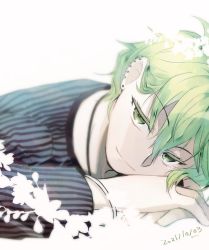 Rule 34 | 1boy, amami rantaro, bracelet, danganronpa (series), danganronpa v3: killing harmony, dated, face, flower, green eyes, green hair, hair between eyes, hair flower, hair ornament, jewelry, long sleeves, looking at viewer, lying, male focus, messy hair, necklace, on stomach, shirt, short hair, simple background, smile, solo, striped, sumika (rrz03), white background, white flower